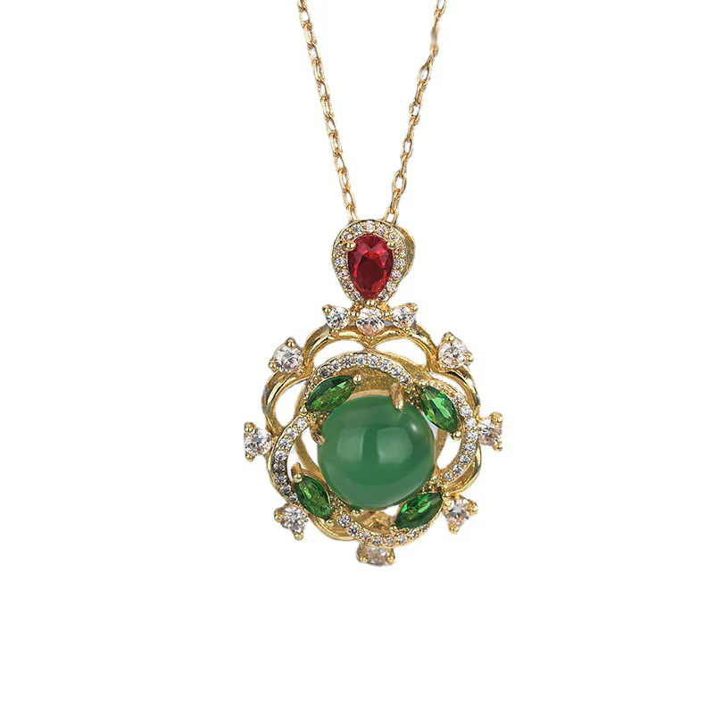 Collana Buddha Stones con giada ciano e cristallo rosso fortunato
