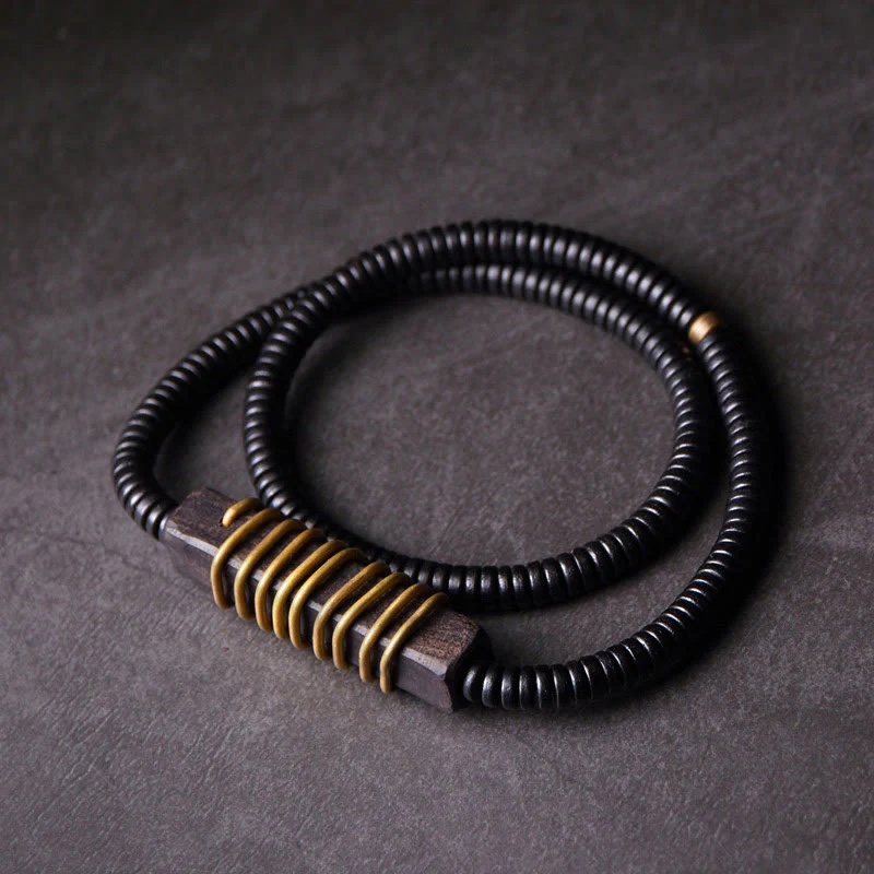 Collana con bracciale a doppio giro in Buddha Stones, in legno di ebano, in ottone e rame, con sfera di equilibrio cubica - Image 14