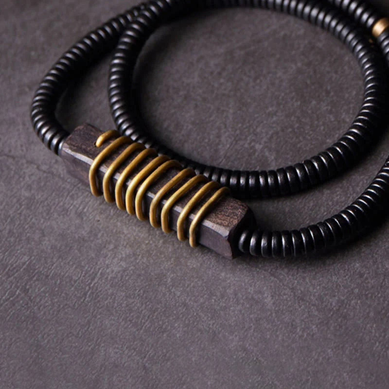 Collana con bracciale a doppio giro in Buddha Stones, in legno di ebano, in ottone e rame, con sfera di equilibrio cubica - Image 15