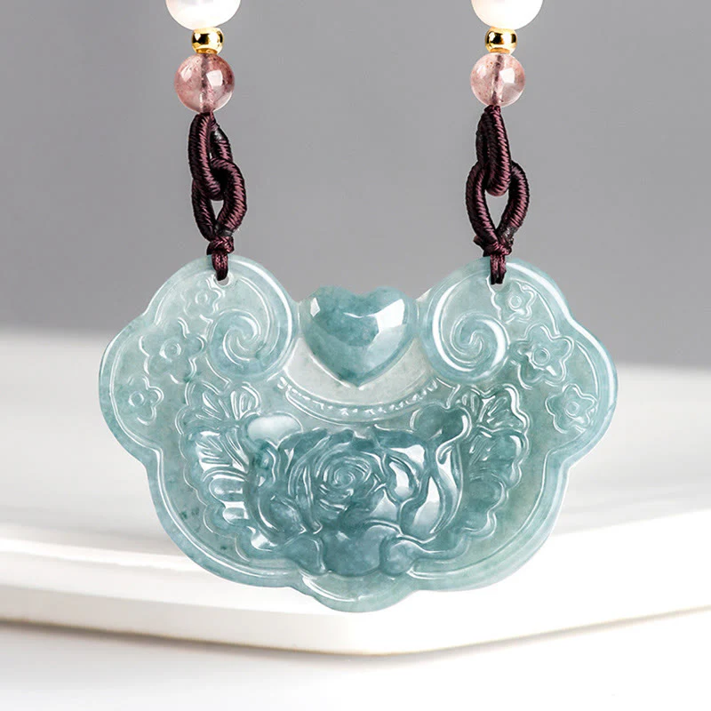 Collana con Buddha Stones a forma di fiore di peonia in giada naturale con ciondolo a forma di lucchetto di buoni auguri e prosperità