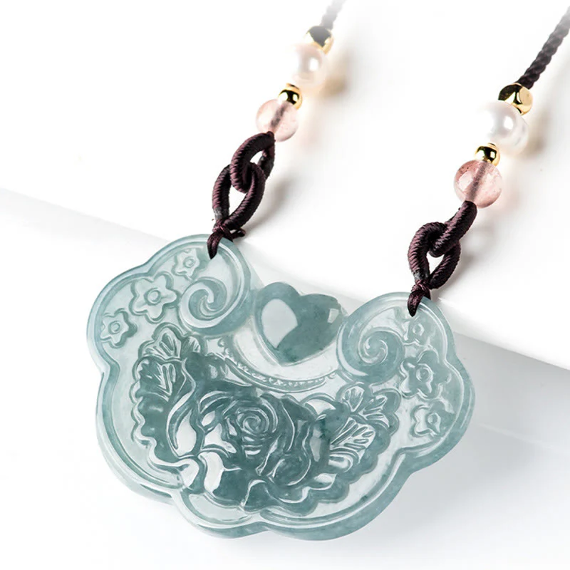 Collana con Buddha Stones a forma di fiore di peonia in giada naturale con ciondolo a forma di lucchetto di buoni auguri e prosperità - Image 3