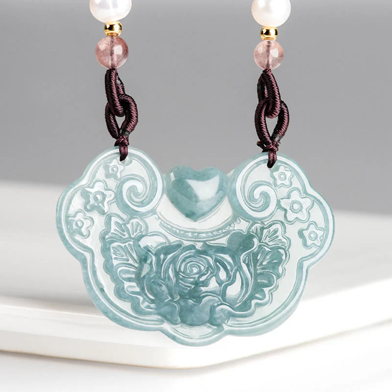 Collana con Buddha Stones a forma di fiore di peonia in giada naturale con ciondolo a forma di lucchetto di buoni auguri e prosperità - Image 4