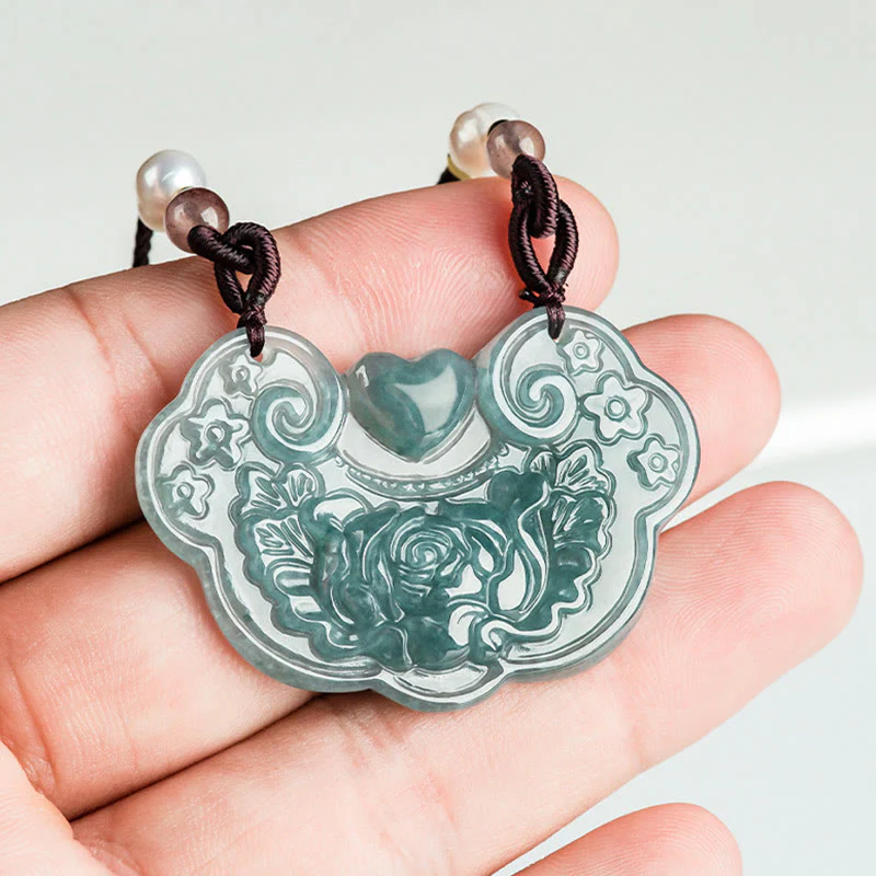 Collana con Buddha Stones a forma di fiore di peonia in giada naturale con ciondolo a forma di lucchetto di buoni auguri e prosperità - Image 6