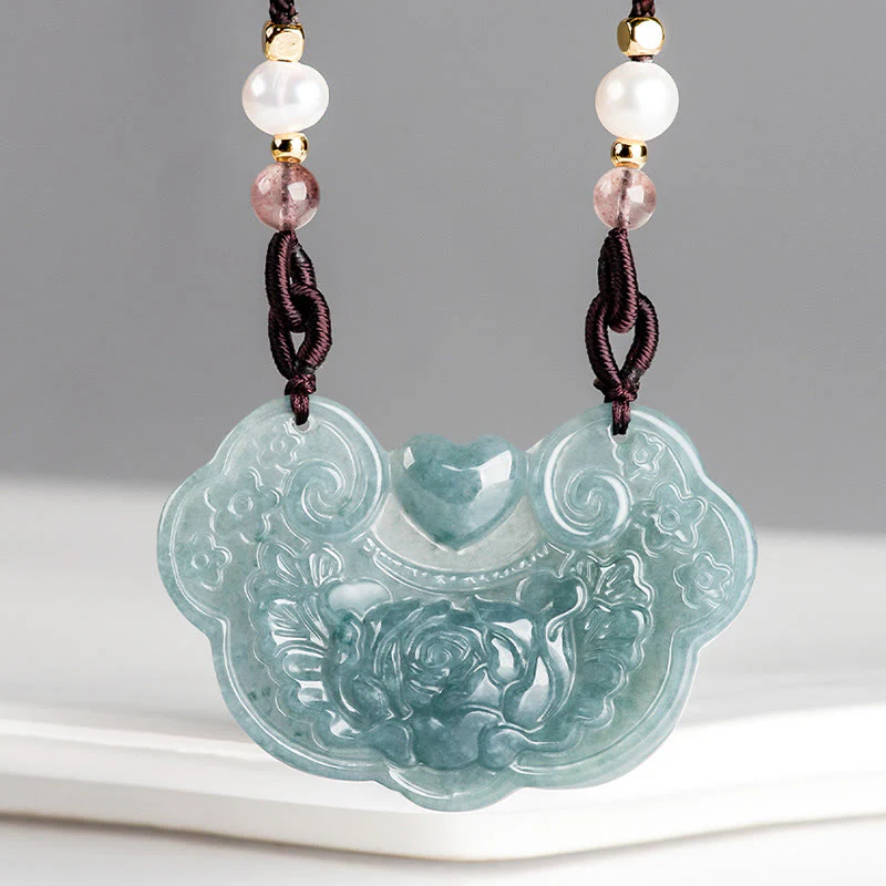 Collana con Buddha Stones a forma di fiore di peonia in giada naturale con ciondolo a forma di lucchetto di buoni auguri e prosperità - Image 8