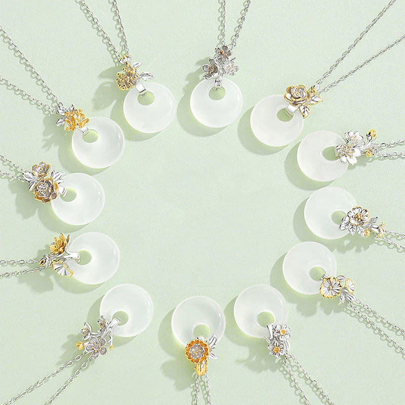 Collana con Buddha Stones in argento sterling 925, ciondolo rotondo in calcedonio con fiori di dodici mesi, armonia