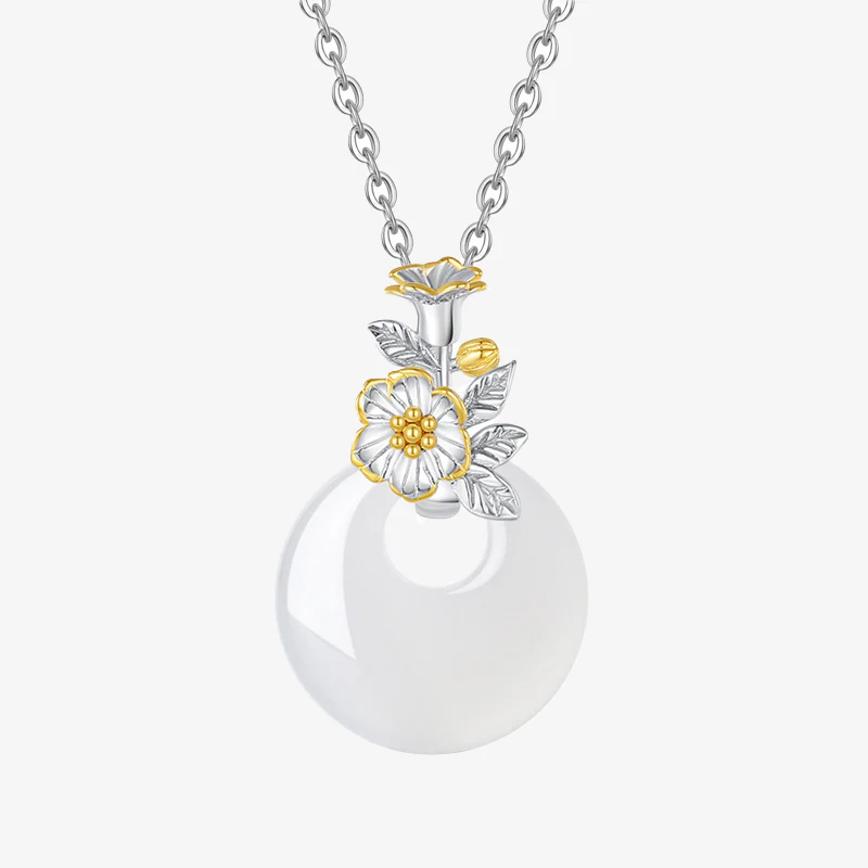 Collana con Buddha Stones in argento sterling 925, ciondolo rotondo in calcedonio con fiori di dodici mesi, armonia - Image 13