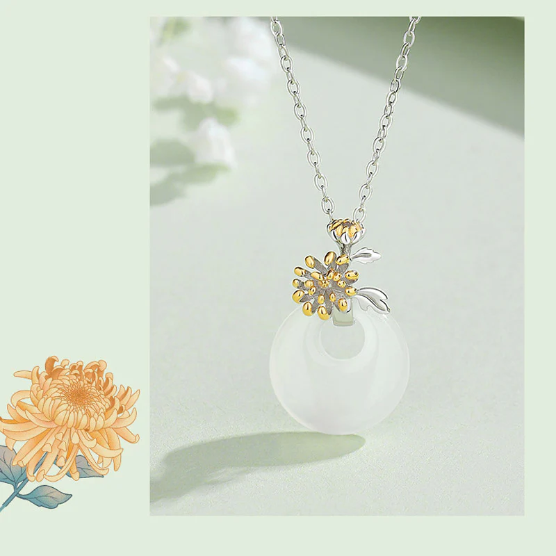 Collana con Buddha Stones in argento sterling 925, ciondolo rotondo in calcedonio con fiori di dodici mesi, armonia - Image 23
