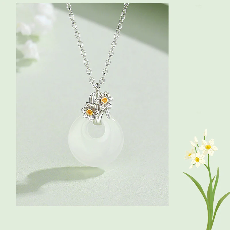 Collana con Buddha Stones in argento sterling 925, ciondolo rotondo in calcedonio con fiori di dodici mesi, armonia - Image 29