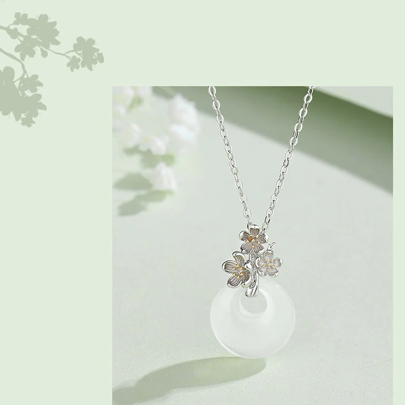 Collana con Buddha Stones in argento sterling 925, ciondolo rotondo in calcedonio con fiori di dodici mesi, armonia - Image 3