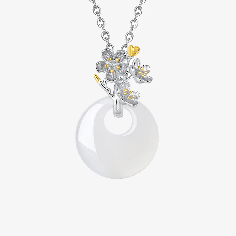 Collana con Buddha Stones in argento sterling 925, ciondolo rotondo in calcedonio con fiori di dodici mesi, armonia - Image 4