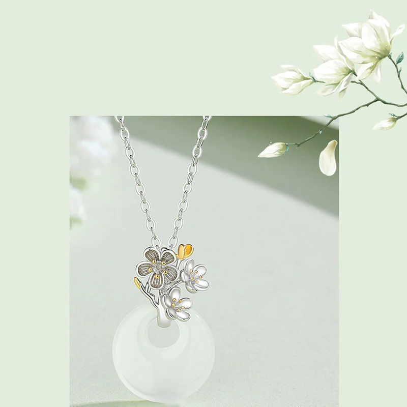 Collana con Buddha Stones in argento sterling 925, ciondolo rotondo in calcedonio con fiori di dodici mesi, armonia - Image 5