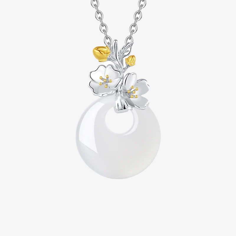 Collana con Buddha Stones in argento sterling 925, ciondolo rotondo in calcedonio con fiori di dodici mesi, armonia - Image 6