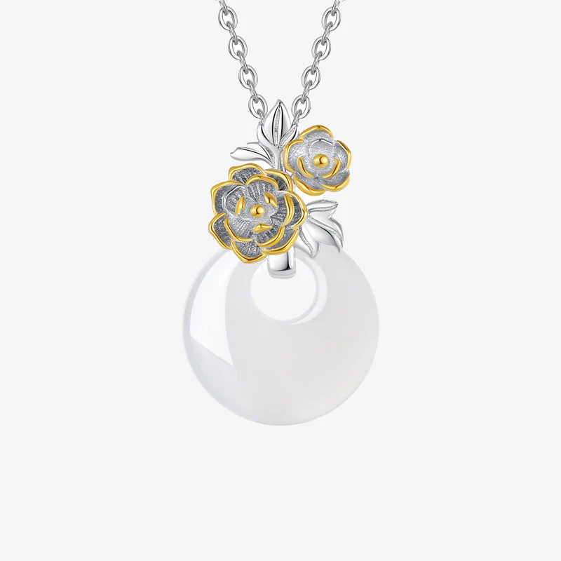 Collana con Buddha Stones in argento sterling 925, ciondolo rotondo in calcedonio con fiori di dodici mesi, armonia - Image 8