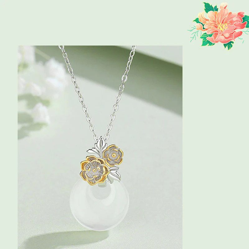 Collana con Buddha Stones in argento sterling 925, ciondolo rotondo in calcedonio con fiori di dodici mesi, armonia - Image 9