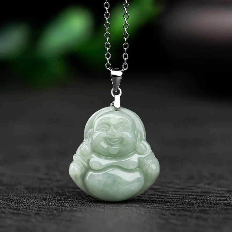 Collana con ciondolo in acciaio al titanio e catena di giada con Buddha che ride, Buddha Stones