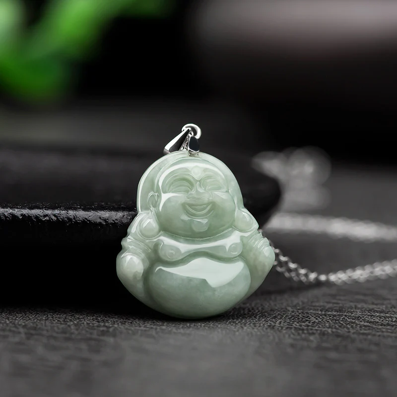 Collana con ciondolo in acciaio al titanio e catena di giada con Buddha che ride, Buddha Stones - Image 2
