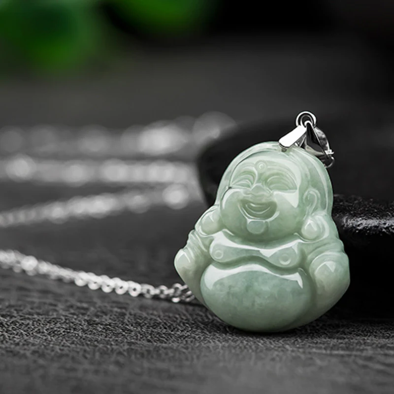 Collana con ciondolo in acciaio al titanio e catena di giada con Buddha che ride, Buddha Stones - Image 6