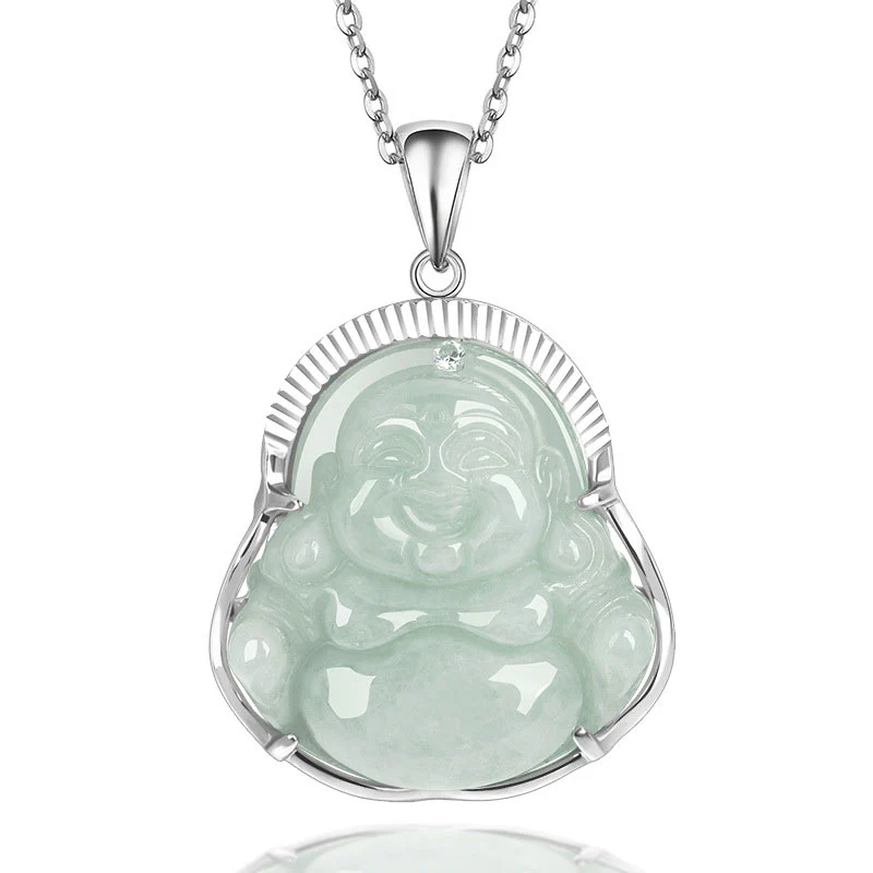 Collana con ciondolo a catena in acciaio al titanio e giada con Buddha Buddha Stones ride, fortuna e calma