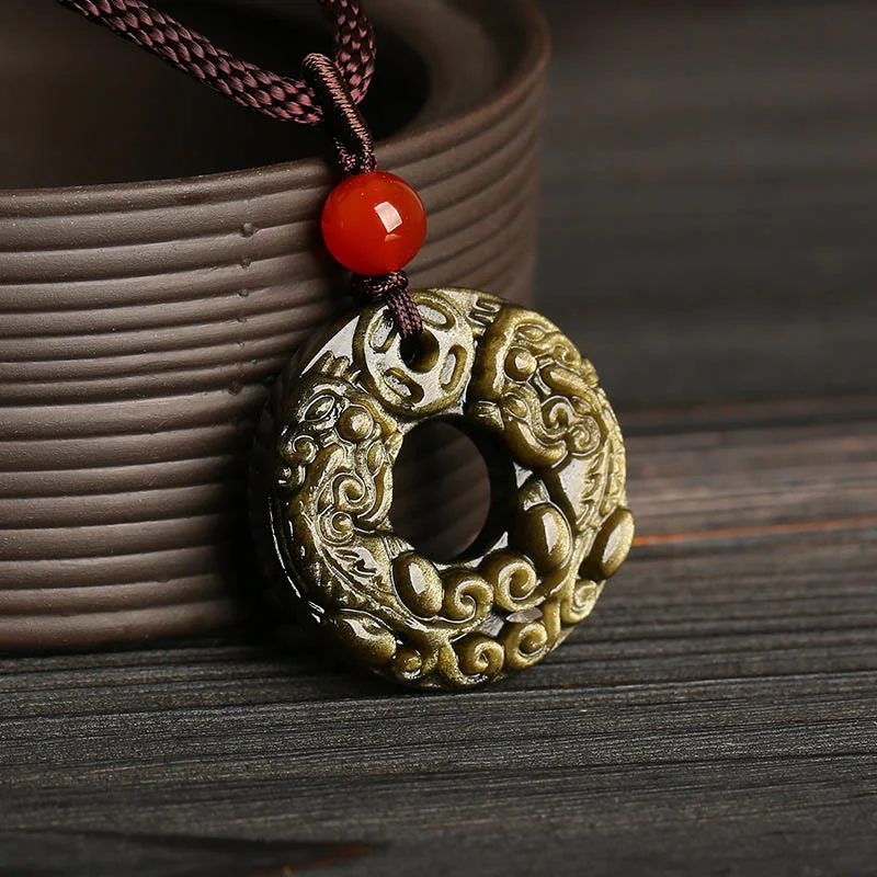 Collana con Buddha Stones in ossidiana, ciondolo in rame, ciondolo in oro ... - Image 2