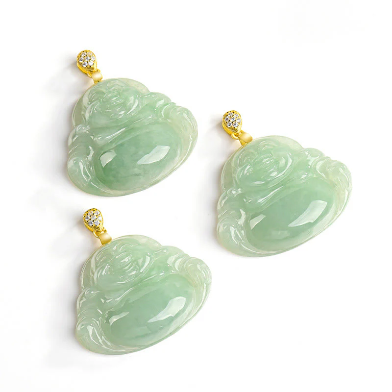Collana con ciondolo in acciaio al titanio e catena in giada naturale Buddha Stones che ride, fortuna e prosperità - Image 10