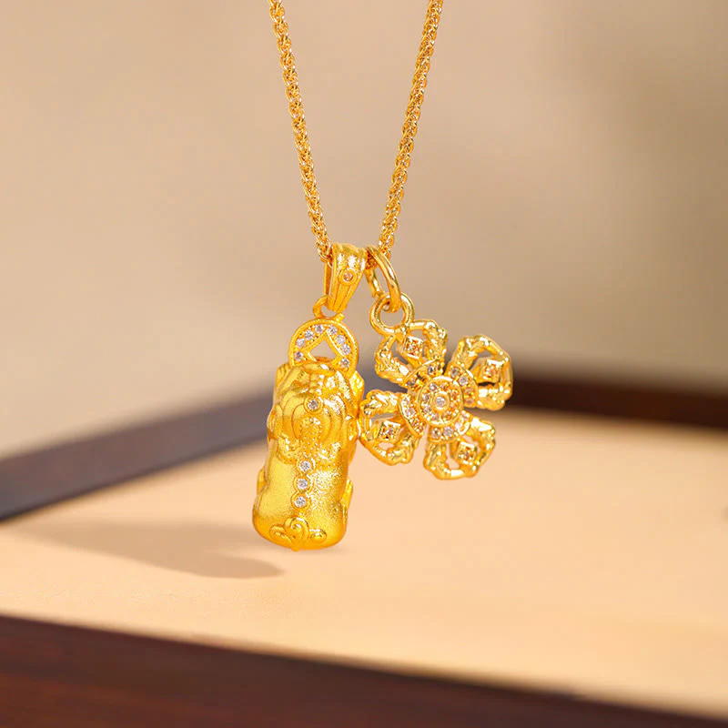 Collana con ciondolo a catena della ricchezza Dorje Vajra con croce Pixiu in ottone placcato oro 24k Buddha Stones