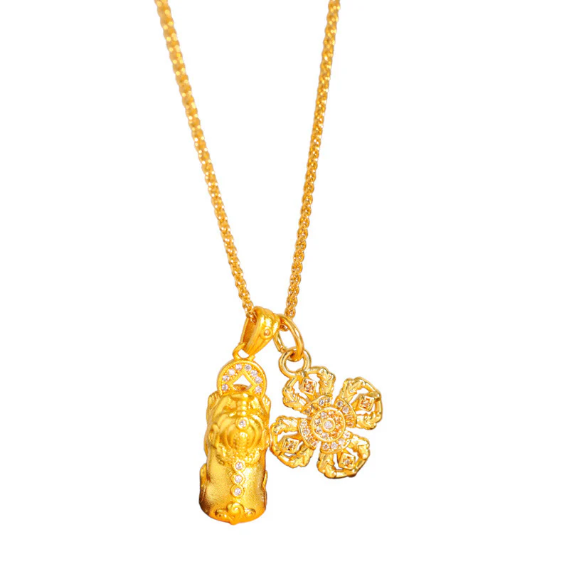 Collana con ciondolo a catena della ricchezza Dorje Vajra con croce Pixiu in ottone placcato oro 24k Buddha Stones - Image 6
