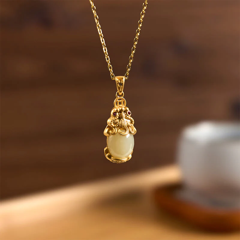 Collana con ciondolo a catena PiXiu in giada bianca con Buddha Stones e portafortuna - Image 3