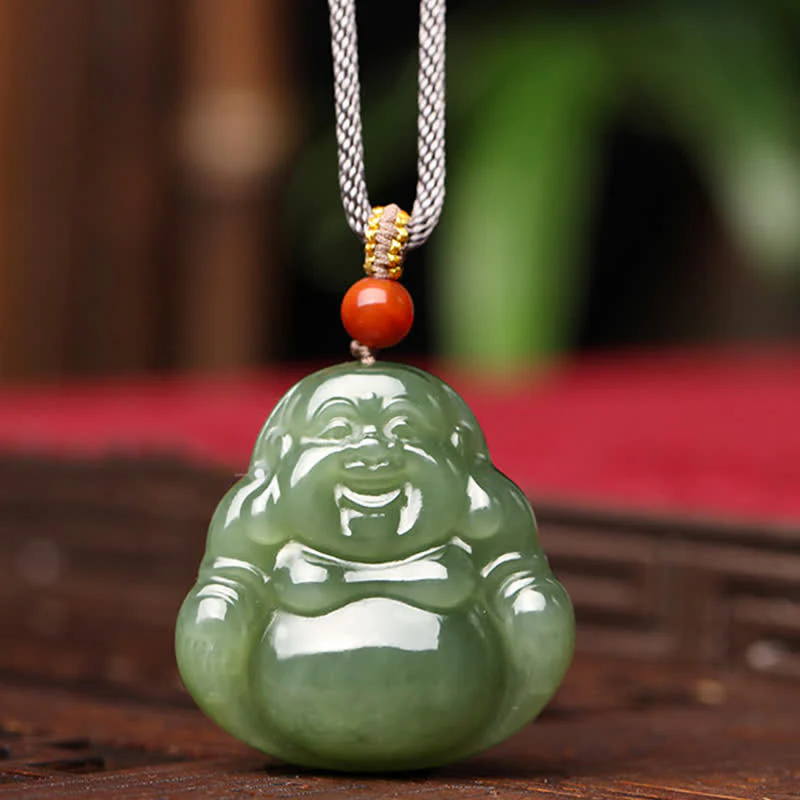 Collana con ciondolo a corda con abbondanza di giada Hetian Buddha che ride