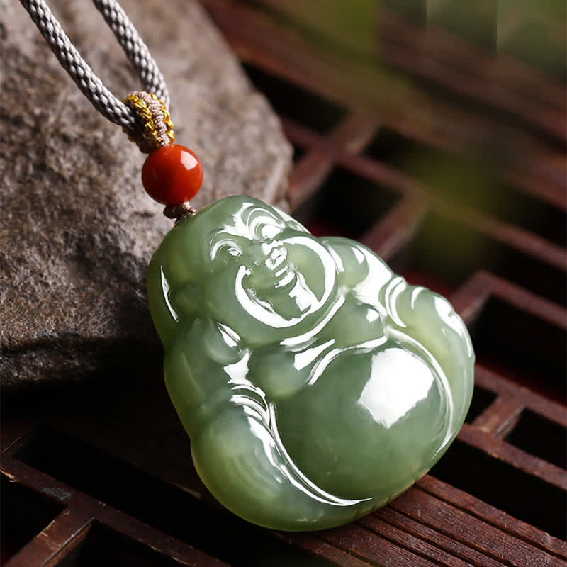 Collana con ciondolo a corda con abbondanza di giada Hetian Buddha che ride - Image 2