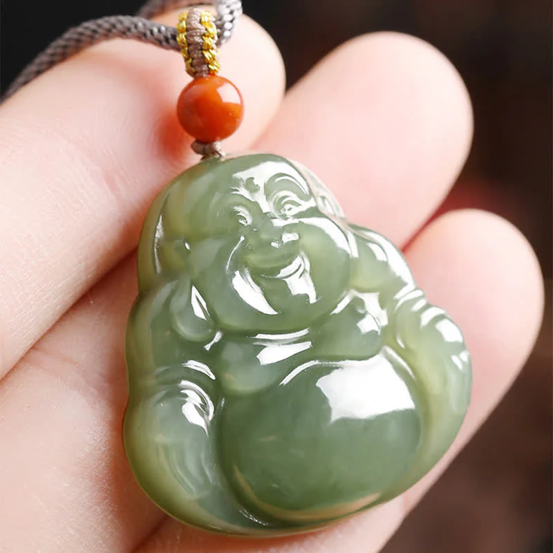 Collana con ciondolo a corda con abbondanza di giada Hetian Buddha che ride - Image 8