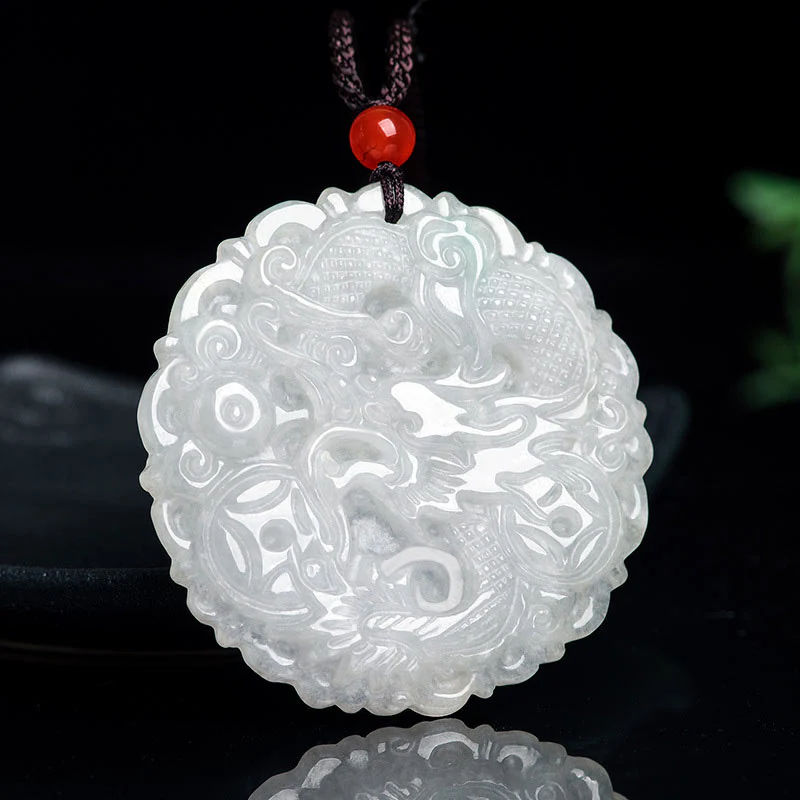 Collana con ciondolo a corda con protezione del drago in giada bianca Buddha Stones