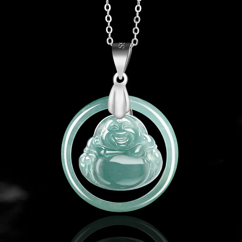 Collana con Buddha Stones in giada naturale, rotonda, con Buddha che ride, in abbondanza, in acciaio al titanio