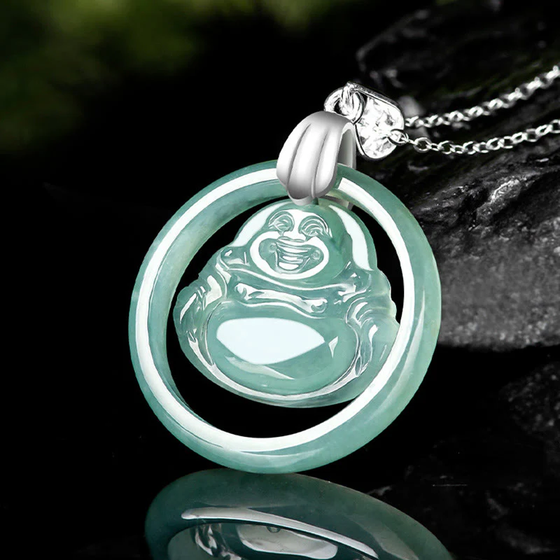 Collana con Buddha Stones in giada naturale, rotonda, con Buddha che ride, in abbondanza, in acciaio al titanio - Image 3