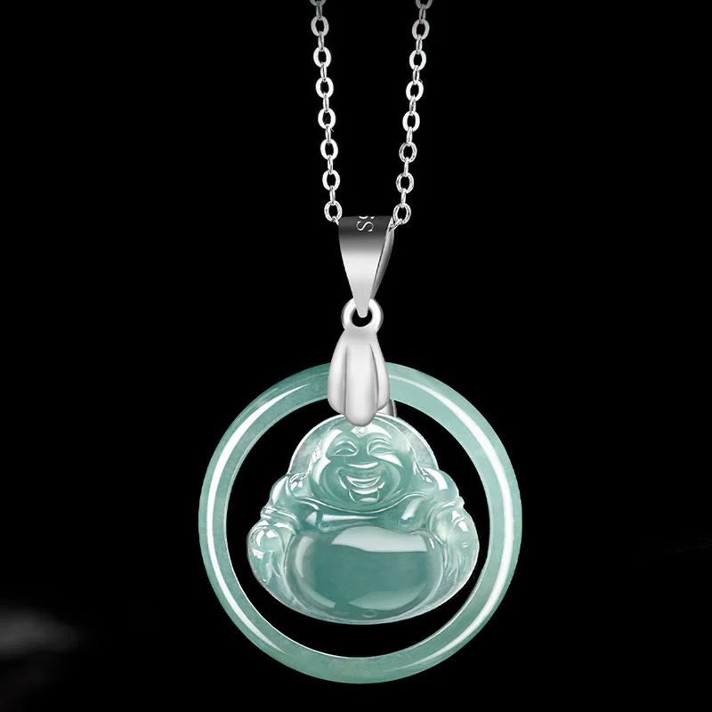 Collana con Buddha Stones in giada naturale, rotonda, con Buddha che ride, in abbondanza, in acciaio al titanio - Image 4