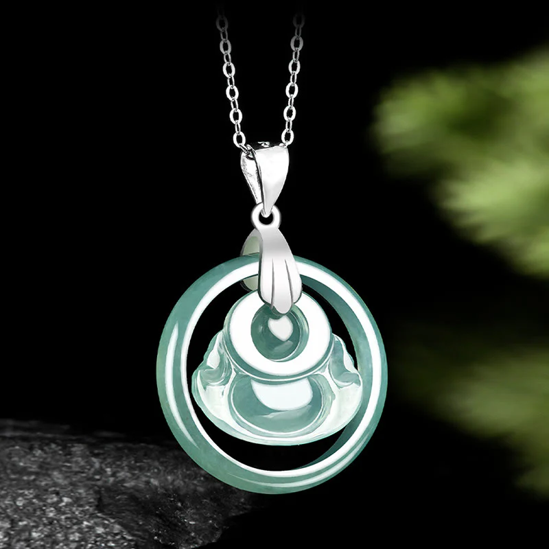 Collana con Buddha Stones in giada naturale, rotonda, con Buddha che ride, in abbondanza, in acciaio al titanio - Image 5