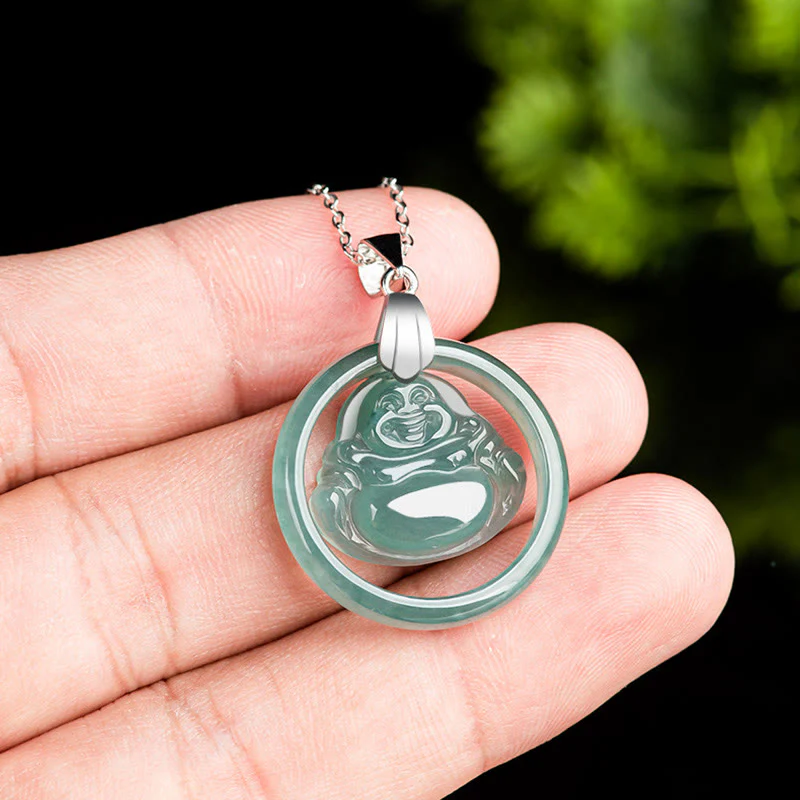 Collana con Buddha Stones in giada naturale, rotonda, con Buddha che ride, in abbondanza, in acciaio al titanio - Image 6