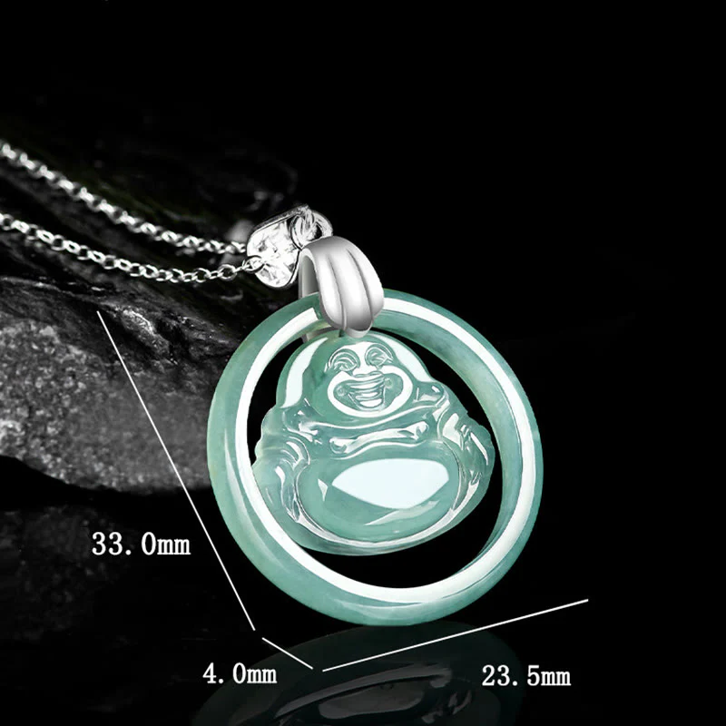 Collana con Buddha Stones in giada naturale, rotonda, con Buddha che ride, in abbondanza, in acciaio al titanio - Image 7
