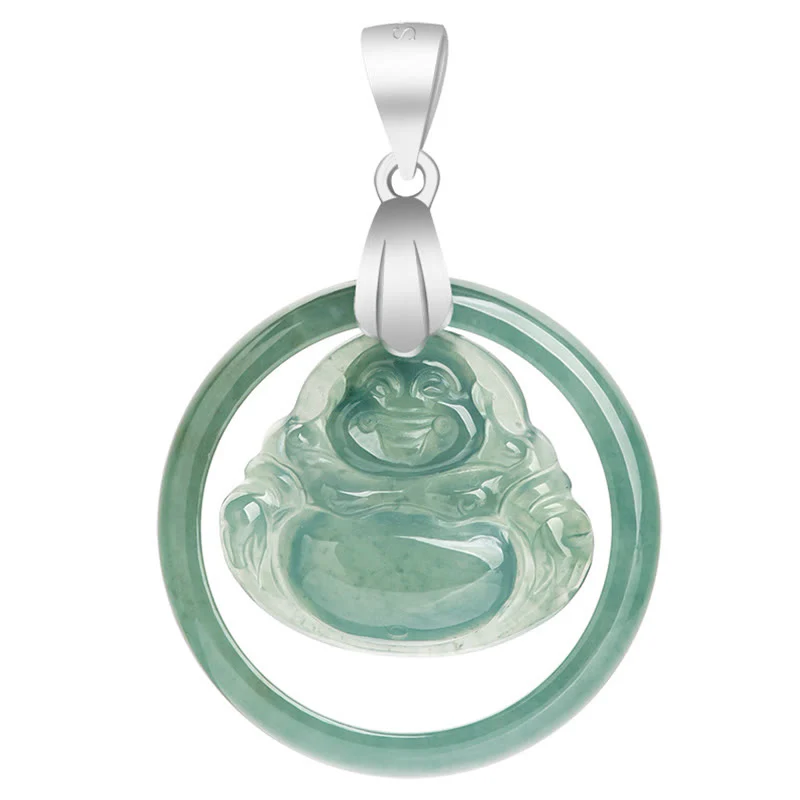 Collana con Buddha Stones in giada naturale, rotonda, con Buddha che ride, in abbondanza, in acciaio al titanio - Image 9