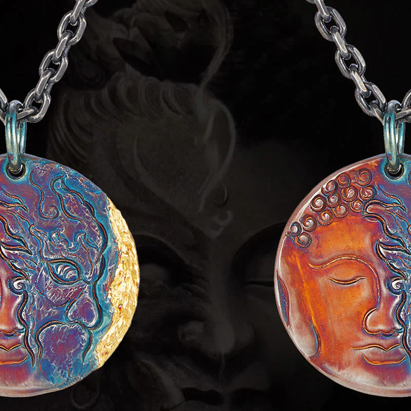 Collana con ciondolo a forma Buddha Stones in argento sterling 999 e oro 24K, metà demone e metà Buddha, con compassione - Image 2