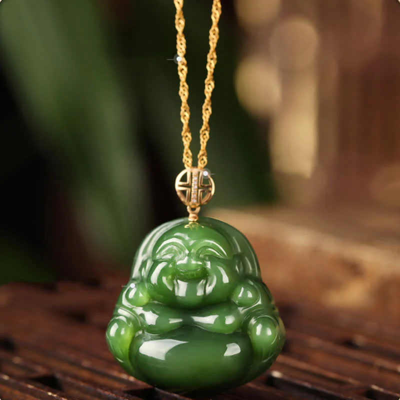Collana con ciondolo a forma di Buddha che ride in argento sterling 925, giada ciano Hetian e oro 18 carati.