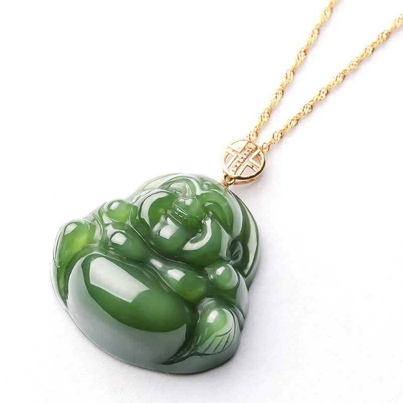 Collana con ciondolo a forma di Buddha che ride in argento sterling 925, giada ciano Hetian e oro 18 carati. - Image 12