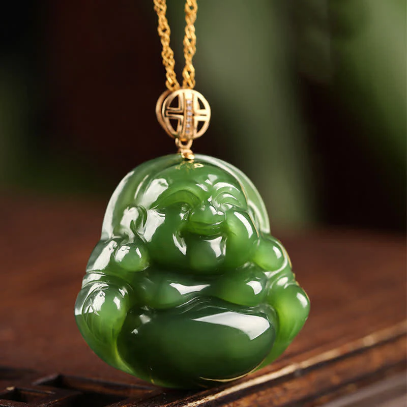 Collana con ciondolo a forma di Buddha che ride in argento sterling 925, giada ciano Hetian e oro 18 carati. - Image 2