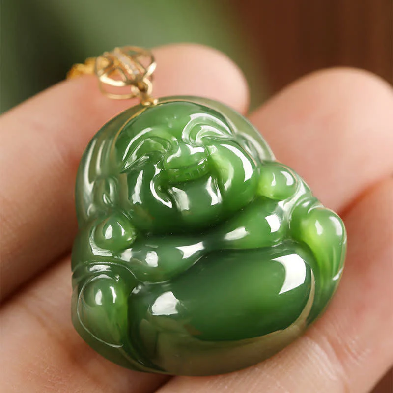 Collana con ciondolo a forma di Buddha che ride in argento sterling 925, giada ciano Hetian e oro 18 carati. - Image 3