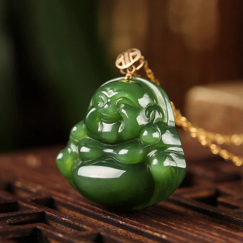 Collana con ciondolo a forma di Buddha che ride in argento sterling 925, giada ciano Hetian e oro 18 carati. - Image 4
