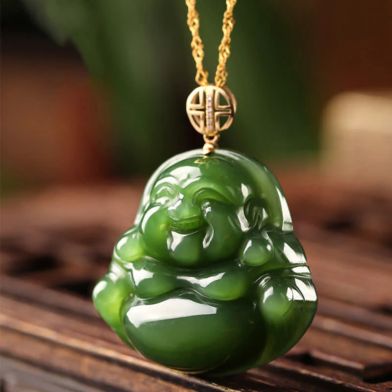 Collana con ciondolo a forma di Buddha che ride in argento sterling 925, giada ciano Hetian e oro 18 carati. - Image 5