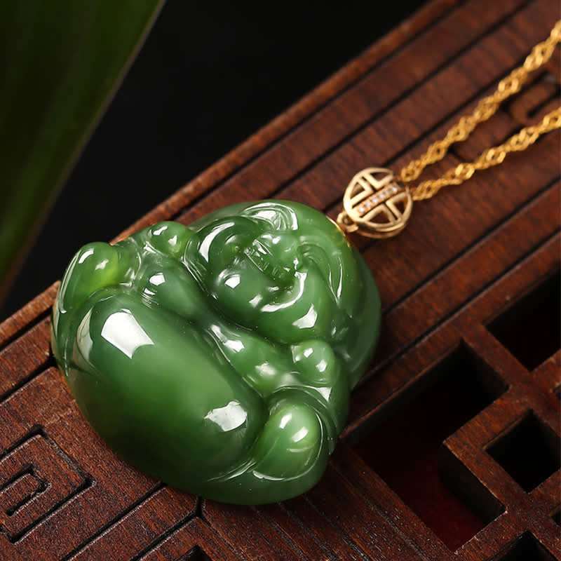 Collana con ciondolo a forma di Buddha che ride in argento sterling 925, giada ciano Hetian e oro 18 carati. - Image 6