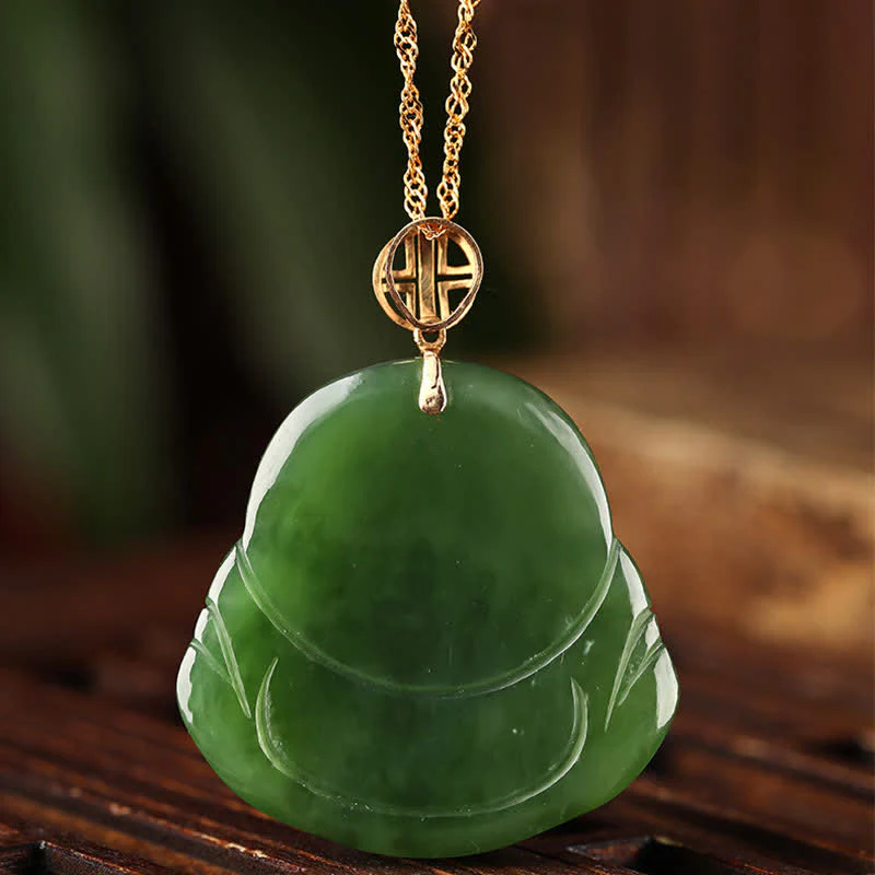Collana con ciondolo a forma di Buddha che ride in argento sterling 925, giada ciano Hetian e oro 18 carati. - Image 8