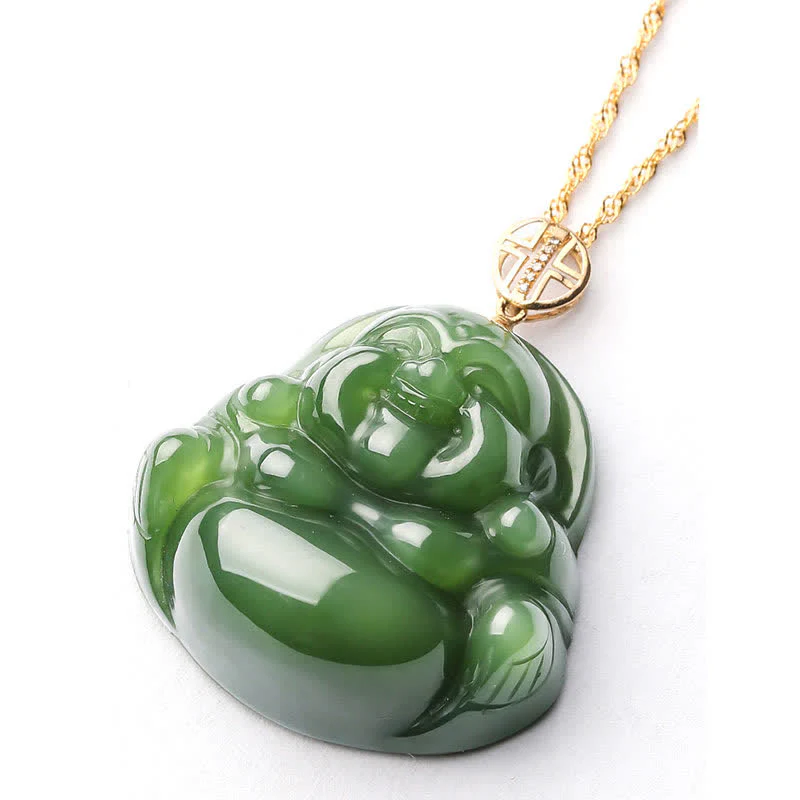 Collana con ciondolo a forma di Buddha che ride in argento sterling 925, giada ciano Hetian e oro 18 carati. - Image 9