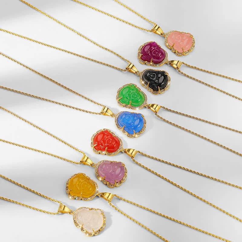 Collana con ciondolo a forma di Buddha in giada con Buddha che ride, riempita in oro 18 carati, Buddha Stones