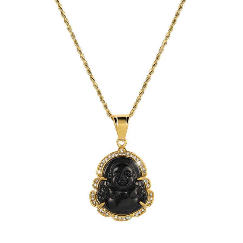 Collana con ciondolo a forma di Buddha in giada con Buddha che ride, riempita in oro 18 carati, Buddha Stones - Image 10